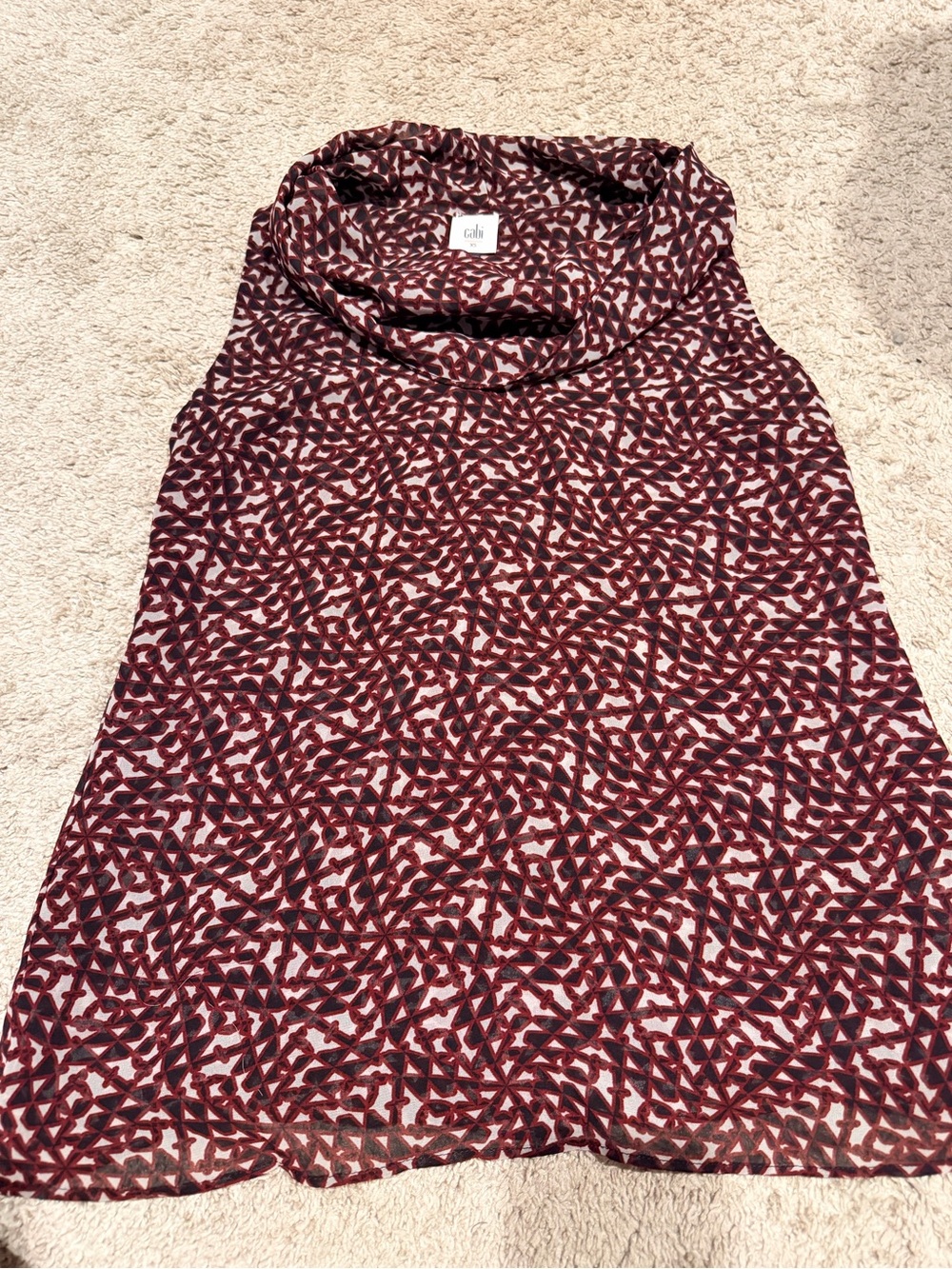 CAbi Sleeveless Cowl Neck Top in Burgundy and Black Geometric Print